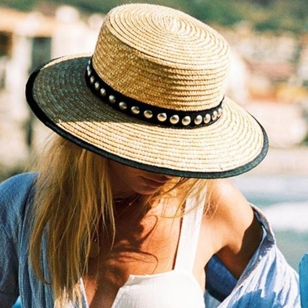 Free People Fame Silver Studded Straw Boater Hat Tan Black Studded Wide Brim